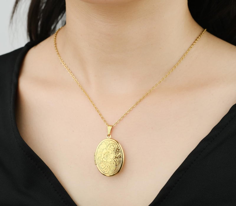 YOUFENG Oval Round Flower Locket Necklace that Holds Pictures Photo Locket Pendant Oval Gold-plated - Image 5